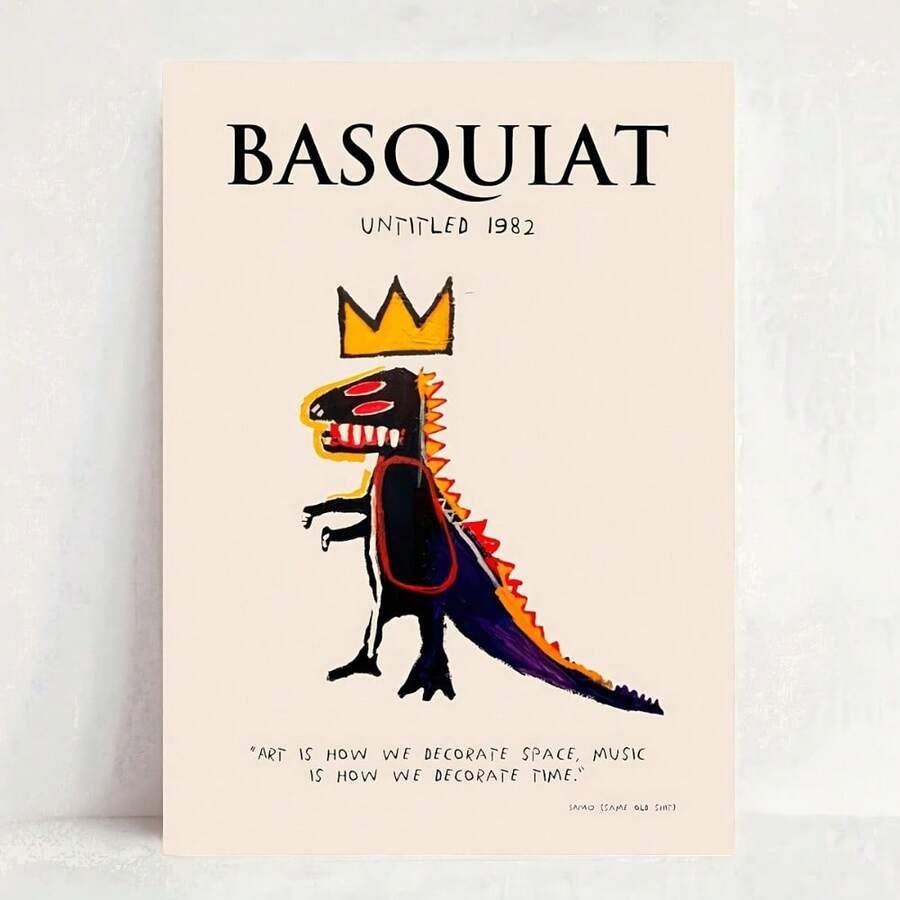 2D Flat, 1pc Framed Canvas Wall Art - Jean-Michel Basquiat 1982 Unfinished Painting Cartoon Dinosaur Crown Design, Modern Art Decor Poster Print 15.7x11.8 Inches (40x30cm) For Living Room, Bedroom, Dorm, Indoor/Outdoor Use - White - View 1