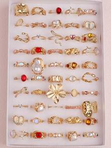 11pcs/Set Delicate Cute Pink Rhinestone Rings, Birthday Party Gifts For Girls & Boys, Accessories For Daily Wear - 11 Cat's Eye Rhinestone Ring - Gold - View 3