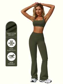 MFVIM 2 件套女式无袖露背吊带上衣和高腰喇叭裤健身服，夏季 - 軍綠色 - 查看 6