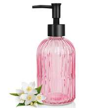 Stripe Glass Soap Dispenser With Black Plastic Pump, 400ml Liquid Hand Soap Dispenser, Rustproof Pump For Kitchen & Bathroom, Great For Lotions, Essential Oil, Liquid Soaps-Pink - Pink - View 8