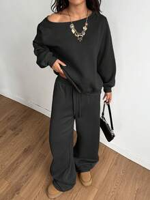 GLOpass Casual Solid Color Off-Shoulder Loose Sweatshirt And Pants Two Pieces Set For Women, Versatile For Daily Wear, Autumn/Winter Black Spring - Black - View 3