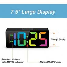 7.5 Inches Big Number Alarm Clock for Seniors & Kids, 0-100% Adjustable Brightness and Volume, USB Charging Port, Simple Operation, Snooze, Outlet Powered for Bedside - Multicolor - Ver 3