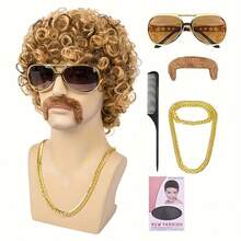 Men's Wig Set 70s And 80s Retro Men's Disco Wig Short Curly Hair Blond Mixed Brown Synthetic Wig Halloween Costume Christmas Cosplay Party - Multicolor - View 6