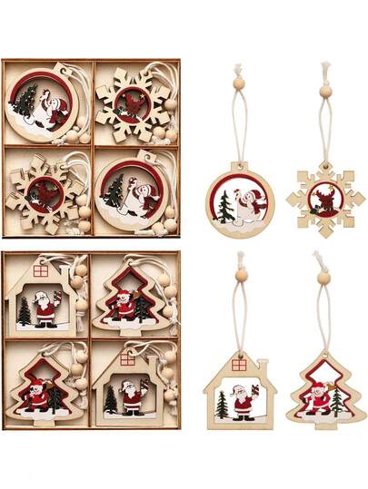 8 Stücke Holz Weihnachtsbaum Anhänger Set, Holz Hängedekoration Ornamente mit Seilen für Weihnachtsbaum Dekorationen
