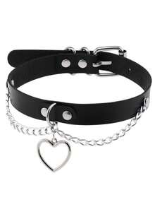 女士定制闪亮链条字母配饰，朋克珠宝颈链性感 PU 皮革心形链条项链，深色哥特 Y2K 时尚项链 - 黑色 - 查看 2