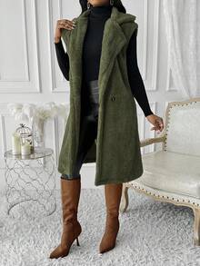 Women's Casual Turndown Collar Double Button Pocket Military Green Fluffy Cardigan Jacket - Green - View 2