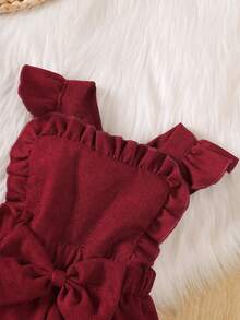 BrownBark 2件組 嬰兒女童秋冬可愛優雅戶外兩件套，白色羅紋中領長袖上衣搭配燈芯絨吊帶褲，可愛荷葉邊蝴蝶結設計，柔軟舒適面料，甜美時尚，適合嬰兒女童日常穿搭 - 酒紅色 - 查看 7