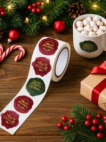 1 Roll (1Roll/500Pcs)Merry Christmas Sticker Roll, Christmas Decoration Label Stickers With Embossed Wax Seal Design, Envelope Stickers, Sealing Stickers, Gift Packaging Scrapbook Stickers, Candy Bag Decorations, Circular Party Gift Decorations - Multicolor - View 6