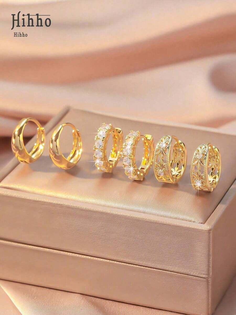 Hihho 3 Pairs Fashionable Copper Hollow Geometric Round Hoop Earrings With Vintage Floral Design And Sparkling Zirconia Stud Earrings, Decorative Women Earrings Gift For Festivals - 金黃色 - 查看 1