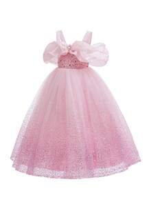 Young Girl Shiny Long Princess Dress, Open Shoulder Ruffle Puff Sleeve Sequin Tulle Full Skirt, Little Girl Fairy Princess Gown For Halloween, Christmas, Party, Evening, Holiday, Formal Occasions - Pink - View 7