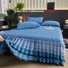 3pcs Velvet Lace Bedskirt Set (1pc Bedskirt + 2pcs Pillowcases), Lace Trim Decor, Fashionable & Elegant, Moisture-Wicking, Breathable, Wrinkle-Resistant, Quiet, Removable Mattress Cover - Peacock Blue - View 4