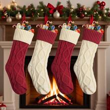 Juego de 4 Piezas de Medias de Navidad en Blanco Marfil y Borgoña, 18 Pulgadas, Extra Grandes, Tejido Retorcido, Regalos y Decoraciones para Fiestas Familiares de Navidad (4 Rojas) - 2 Blanco+2 Rojos 02 - Ver 2