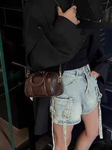 复古软皮枕头包，百搭时尚通勤手提包，适合日常使用，棕色圆柱形单肩包 - 棕色 - 查看 3