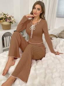 Bộ đồ ngủ 2 món cổ chữ V thắt nơ màu trơn cho nữ, đồ mặc nhà thoải mái, dễ chịu cho mùa thu/đông, quà tặng ngày lễ tình nhân - màu nâu - Xem 2