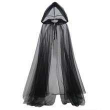 1PC  Black   Long Witch Costume & Elegant Bridal Cape   Halloween Hooded Mesh Cape Cloak - 黑色 - 查看 1