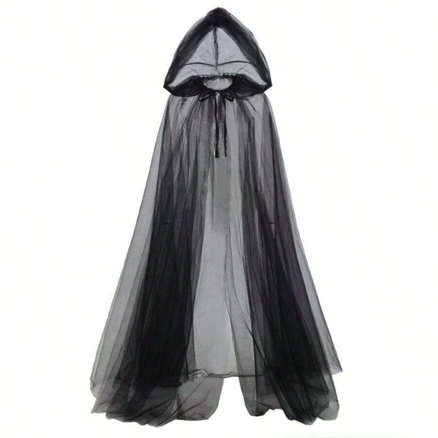 1PC  Black   Long Witch Costume & Elegant Bridal Cape   Halloween Hooded Mesh Cape Cloak - 黑色 - 查看 1