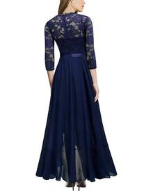 MIUSOL Elegant Women's Floral Lace Bodice Trim Navy Blue Chiffon Maxi Dress, Round Neck, 3/4 Sleeves, Ruffle Flowy Hem, For Wedding Guest, Evening Party, Formal Event, Prom - 藏蓝色 - 查看 2