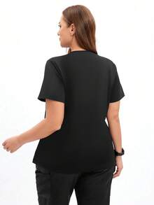 cimmuovere 大码女式V领短袖双口袋纯色手术服护士服工作服牙医保健宠物医院实验室上衣 - 黑色 - 查看 5