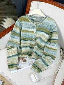 EAVA 女士秋冬系列彩色条纹、法式复古风、青春活力、慵懒时尚撞色可爱针织开衫外套，情人节、女士情人节穿搭、情人节服装 - 綠色 - 查看 2