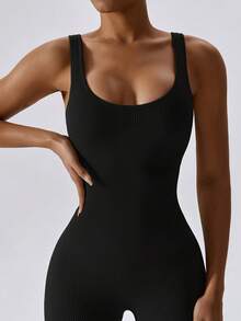 Yefecy Women Workout Seamless Jumpsuit Yoga Ribbed Bodycon One Piece Square Neck Leggings Romper - màu đen - Xem 4