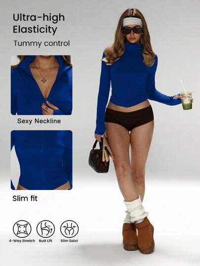 FWH Women's Slim-Fit Breathable Workout Set For Outdoor Running, Sun Protection Zipper Stretchy Simple Slimming Fashionable Sexy High-Quality Basic Streetwear Elastic Leisure Unique Color Fairness-Enhancing Elegant Tight Thermal Lined Long-Sleeve Yoga Jacket