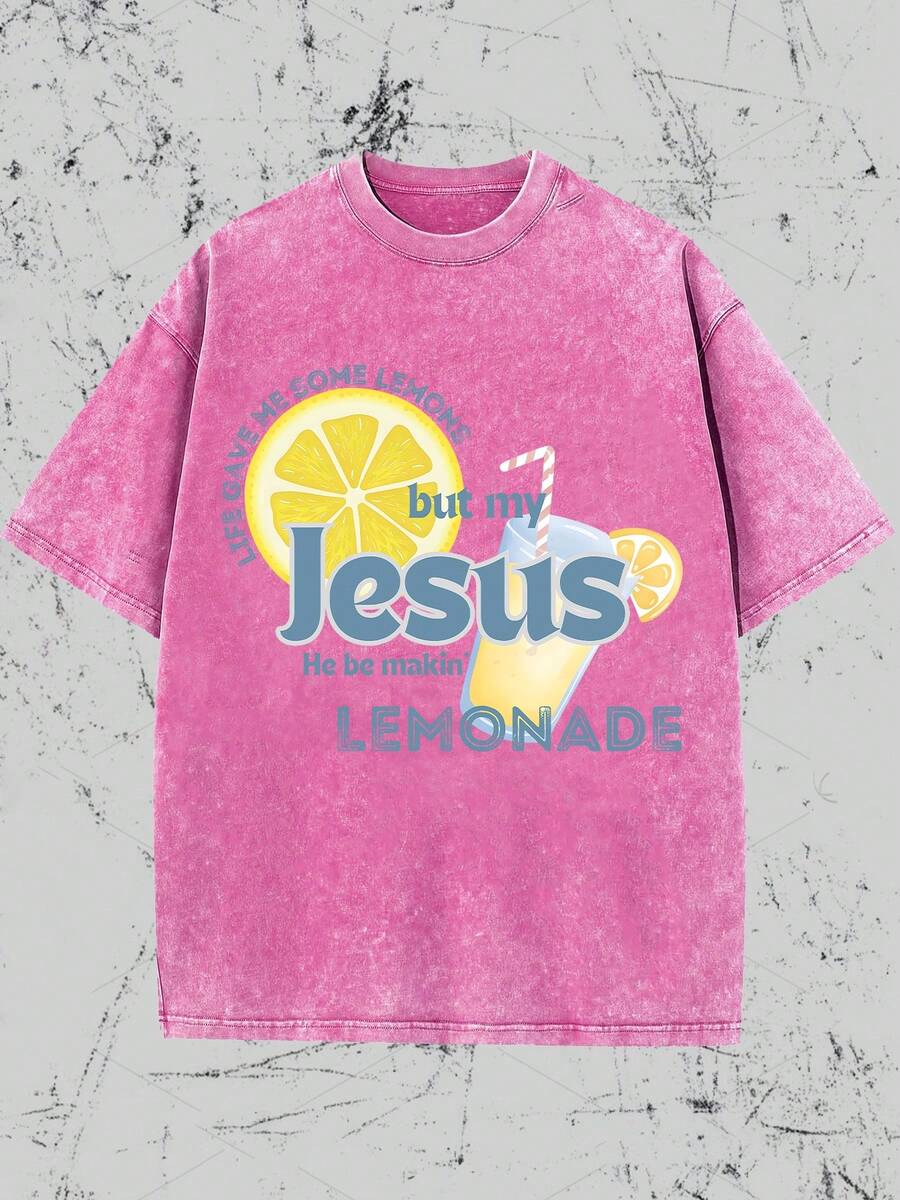 Faith In Jesus, Christian Believers, Christian T-Shirts, Faith (Jesus) Will Be Transformed Into Beautiful "LIFE GAVE ME SOME LEMONS But My Jesus He Be Makin 'LEMONADE", Lemon Slices, Lemon Water Patterns, Conveying A Positive Attitude Towards Life......Classic Regular Short Sleeved, Fashionable And Cool Design, High-Quality Printing, Fashionable  T-Shirt, Women's Pattern T-Shirt, Fun Pattern T-Shirt, Men's Pattern T-Shirt, Casual Loose T-Shirt, 100% Cotton T-Shirt, Soft, Breathable And Comfortable, Washable T-Shirt, Casual Street Style T-Shirt, Suitable For All Seasons, Very Suitable For Casual Wear And Street Style. They Are Excellent Gifts For Family And Friends. - Hồng - Xem 1