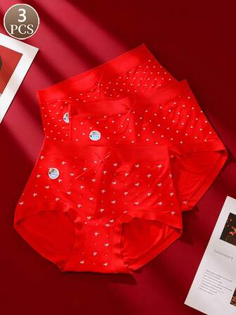 3 Stücke Damen Unterhosen mit kleinen Blumenmustern und Liebes-Muster Schleife, Damen Lässig Sport einfache Unterwäsche, große rote weiche Farbe und bequeme Damen Höschen