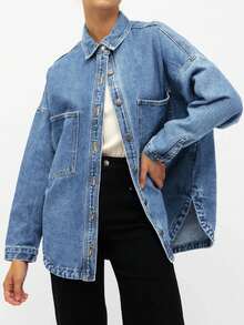 2026 Women Denim Shirts Oversized Long Sleeve Button Down Blouse Distresse Jean Jacket Spring Outfits - màu xanh nhạt - Xem 3