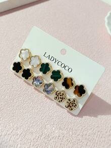 LADYCOCO 6对时尚优雅多色四叶草耳钉，适合女性日常搭配，珠宝耳环套装 - 多色Z - 查看 6