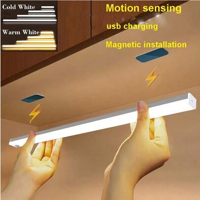 1 pieza Luz de gabinete inalámbrica con sensor de movimiento LED, luz nocturna inalámbrica magnética recargable por USB, 50CM, adecuada para cocina, dormitorio, gabinete, armario, escaleras, pasillo (consulte el video para instrucciones de instalación), hogar, decoración del hogar, cocina, luces de techo, tira de luz LED