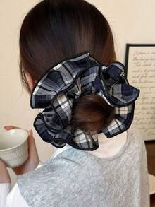 1pc Four-Layer Lock-Edge Checked Pleated Big Hairband For Girls - Versatile And Fashionable Hair Accessory ,Ponytail Holders ,Hair Elastics ,Hair Rubber Bands ,Scrunchies ,Hair Rope ,Elastic Hair Tie ,Makeup