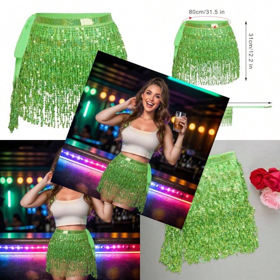 Belly Dance Hip Scarf Sequin Tassel Skirt Wrap Sparkly Rave Costume For Women - LightGreen - View 1