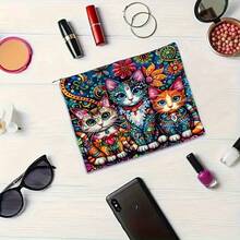 1 Bohemian Style Cat Pattern Cosmetic Bag - Bright Floral And Cat Design, Secure Zipper Closure, Lightweight Travel Cosmetic Bag, Multifunctional Toiletries And Accessories Storage Bag - Multicolor - View 5