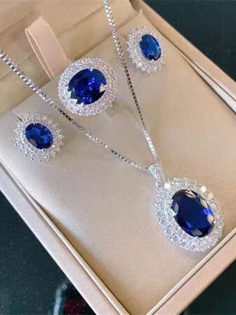 Set de 3 piezas (se pueden comprar individualmente) - Conjunto de joyas de zafiro: anillo, collar, aretes, tanzanita, estilo elegante y lujoso europeo y americano, versátil para mujeres, adecuado para uso diario, festivales, fiestas (enviado sin caja)