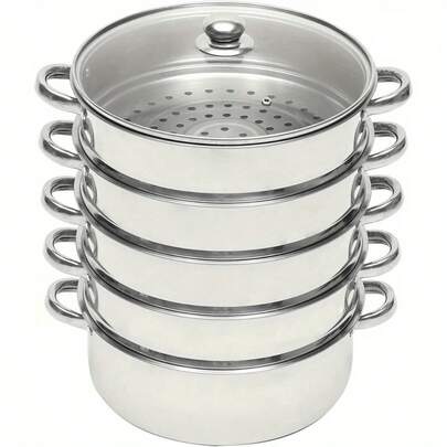 Silver 5-Tier Round Steamer, Stainless Steel Steamer With 4 Steaming Grids & 1 Bottom Cooking Pot - Polished Steamer With Glass Visualization Lid & 3-Layer Composite Bottom - Dishwasher- Steamer