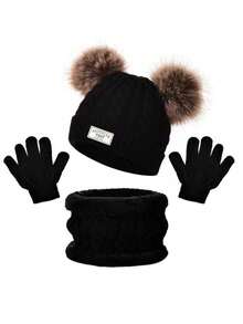 3pcs/Set Kids Warm Knitted Beanie Hat, Scarf And Gloves Set, Fashionable And Cold-Proof, Autumn/Winter - Double Ball 1947 - View 15