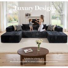 Kelyda 130'' U Shaped Sectional Couches For Living Room Apartment, Modern Modular Boneless Cloud Sofa With 2 Chaise Lounges Sleeper, 4-In-1 Flexible Combination Layered Foam Cushion Faux Rabbit Fur Fabric Deep Seat Corner Couch, No Assembly Required Furniture Home Decor - 黑色 - 查看 7