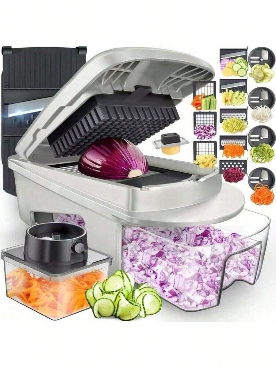 1 Tocător de ceapă pentru legume, mașină de tăiat multifuncțională, instrument de procesare a ingredientelor, tocător de ceapă cu coș de scurgere, tocător de morcovi și usturoi cu recipient, ustensile de bucătărie, accesorii de bucătărie, potrivit pentru casă/restaurant pentru a toca rapid