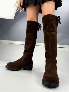 1 Pair Kids Tween Girls Bowknot Faux Suede Anti - Slip Round - Toe Over - The - Knee Boots With Side - Zipper, Low Block Heel, Casual Stylish (Size 26 - 36) For Daily, Parties, Christmas - 棕色 - 查看 7