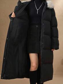 Livesso Women's Faux Fur Collar Hooded Long Sleeve Padded Coat, Autumn/Winter - Black - View 2