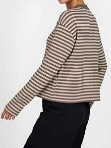 Women Striped Long Sleeve Baggy T Shirts Y2k Vintage Stripes Oversized Boxy Tees Cropped Tops Lionesss Stripped Sweatshirt Fall Preppy Teen Girl Clothes - 棕色 - 查看 7