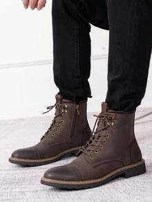 SHOESMORE Men's Fashion Comfortable Boots Motorcycle Casual Darkbrown Pu Boots Zipper Chukka Boots Seasonal Boots Drop - BMY8033A-深棕色 - 查看 2