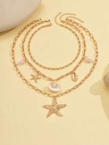 3pcs/Set Fashionable Summer Vacation Style Natural Shell, Seashell & Starfish Pendant Necklace For Women, Suitable For Beach & Seaside Holiday. Natural Shell And Seashell Surface Patterns And Sizes Are Random. - Golden - View 2