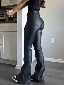 女士涂层仿皮喇叭裤，修身高腰靴型裤，时尚百搭，适合派对、通勤、度假、音乐节等场合，休闲直筒裤，春夏服装，畅销款，热销 - 黑色 - 查看 4