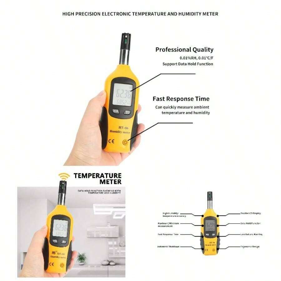 HT - 86 Temperatura Digital y Humedad del Medidor Higrmetro Termmetro de Temperatura Hmeda de Temperatura y Medidor de Temperatura del Punto de Roco, Punto de Roco - 5060, Bulbo Hmedo - 2060 - Amarillo - Ver 1