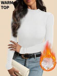 1 Áo thun cổ tròn tay dài lót nỉ giữ nhiệt thời trang thu đông, màu trơn, dáng ôm vừa vặn, thích hợp mặc ngoài, chơi thể thao, tập yoga - trắng - Xem 3