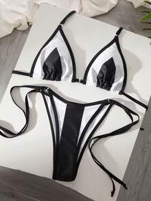 Traje de baño de mujer, bikini básico de bloques de color negro y blanco, pantalón sexy de corte alto con lazos laterales, estilo sexy para damas, ropa Y2K, atuendos de playa para mujer, atuendo para fiesta de Navidad - Multicolor - Ver 10