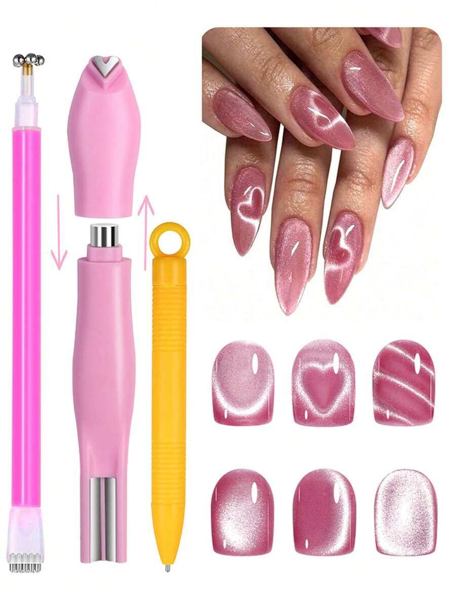 3件套3D心形美甲磁性套装，三合一猫眼效果双线月牙蛇皮法式美甲UV磁性棒美甲工具，适合DIY家庭美甲沙龙