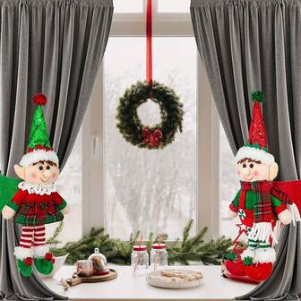 [Christmas Elf Curtains] Christmas Elf Curtains | Tie Up Windows, Suitable For Home And Holiday Celebrations, Christmas, Halloween, Thanksgiving Holiday Decorations