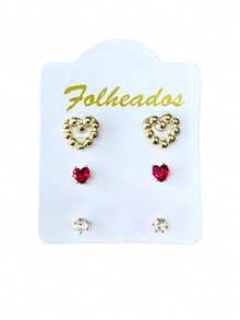Kit 3 Pairs Of Small Gold Plated Earrings For First, Second And Third Holes, Various Models, Rhinestone Stones - MODELO 10 - Ver 1